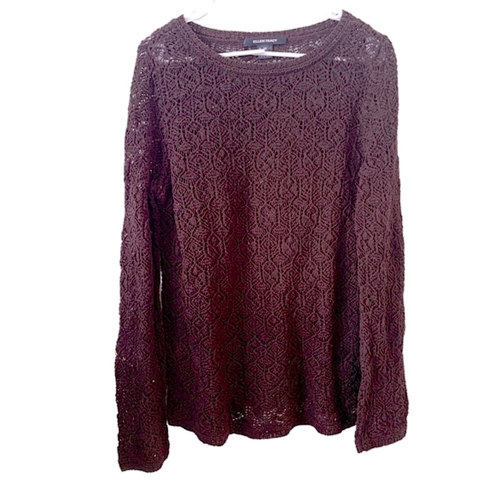 Ellen Tracy Brown‎ Crochet 100% Cotton Knit Sweater